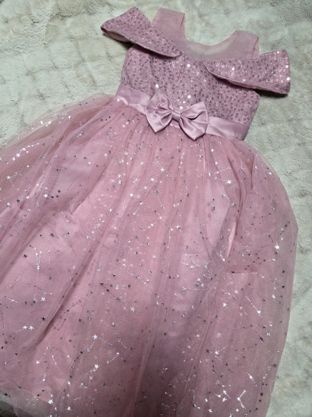 SHEIN Pink Sequin & Star-Print Tulle Formal Dress with Satin Bow